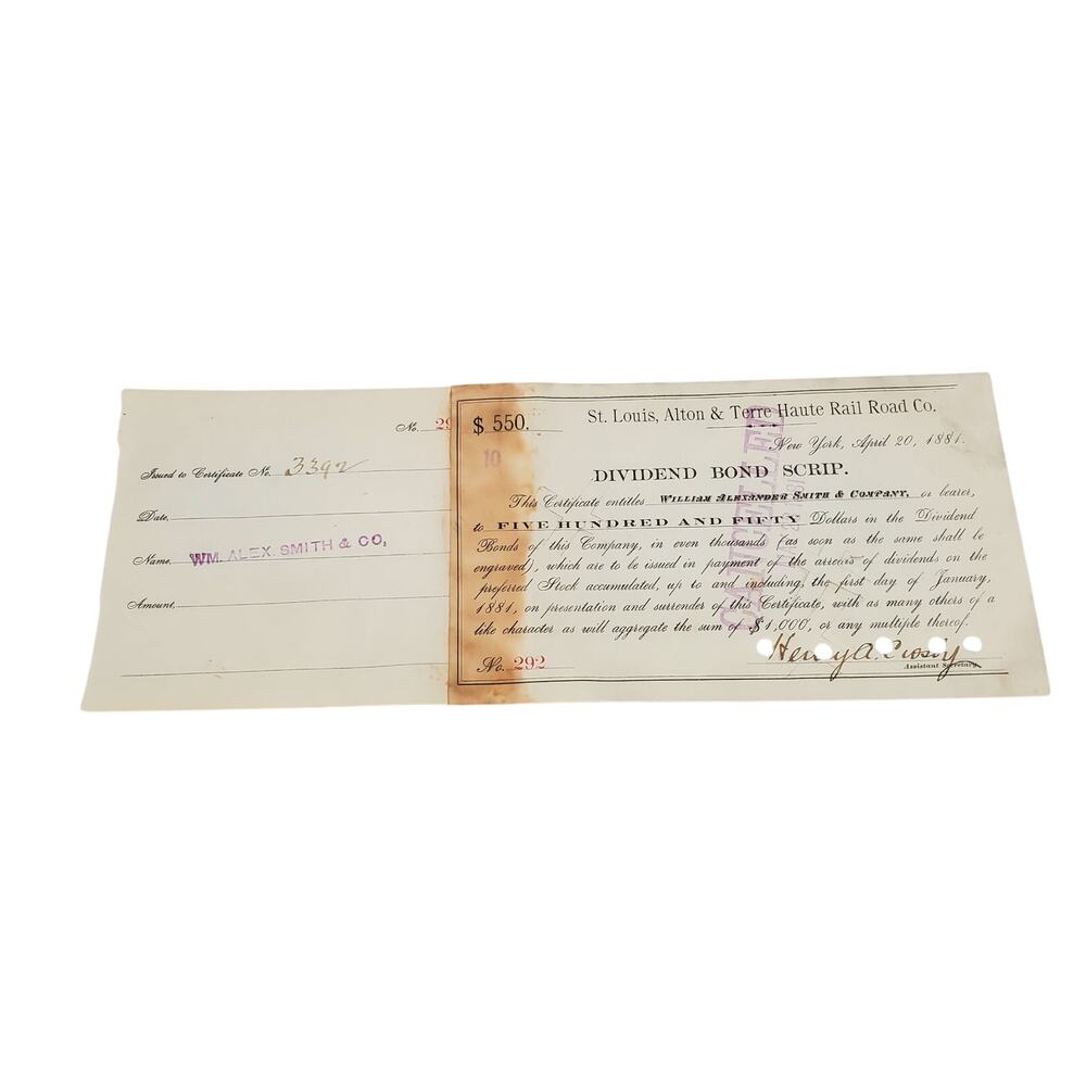 St. Louis, Alton and Terre Haute Rail Road Co NY $550 Bond Railroad Bonds 292